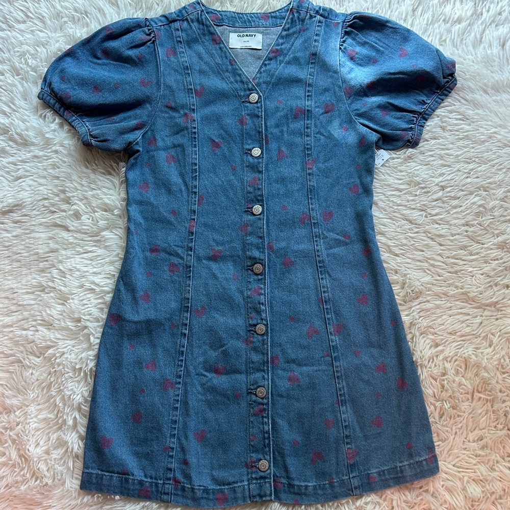 Girls  Pink Hearts Printed Short-Sleeve Fit and Flare Jean Dress Size XXL 18-NEW